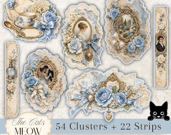 Conjuntos de elementos decorativos para imprimir com temática de romance da Regência, recortes decorativos para diários de arte, recortes vintage, tiras de papel rendado, colagem digital em tons de azul, creme e dourado.