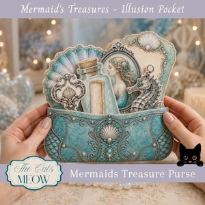 May include: A teal purse featuring a mermaid theme with an illusion pocket design. The purse displays an ornate seahorse, a glass bottle with a scroll, and a mermaid portrait. The text reads Mermaid's Treasures - Illusion Pocket and The Cats MEOW.