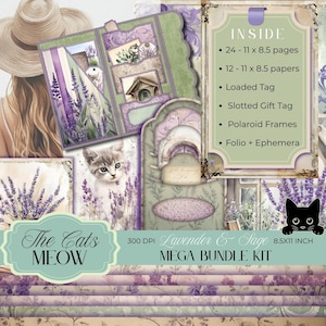 May include: A digital scrapbook kit titled "Lavender & Sage Mega Bundle Kit." The kit features a cat, lavender illustrations, and various paper elements. Includes pages, papers, tags, frames, and folio. The kit is 8.5x11 inches.