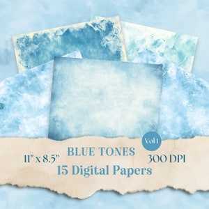 May include: A set of 15 digital papers in blue tones. The papers are 11 inches by 8.5 inches and 300 DPI. Vol 1. Blue Tones. 15 Digital Papers. 300 DPI.