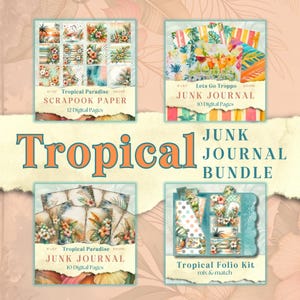 Junk Journal Bundle, Tropical Beach junk journal kit, Folio, digital papers pack, Travel Ephemera, Collage Sheet 11 x 8.5, Scrapbook Pack