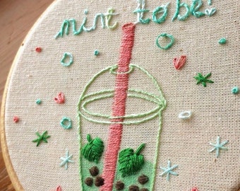 Un motif PDF de broderie amusant Bubble tea 'mint to be' - Saint-Valentin