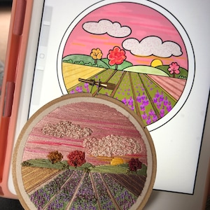PDF Lavender Landscape embroidery pattern, full step by step guide