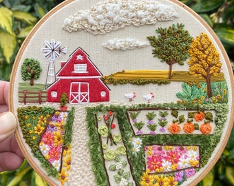 Motif de broderie Red Barn Farm téléchargeable en pdf