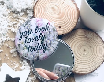 flower pocket/compact mirror with positive message gift