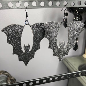Large Black Glitter Vampire Bat Drop Dangle Earrings | Gothic Spooky Scary Emo Goth Magical Dark Creepy Halloween Jewelry  (4 x 3.25 inches)