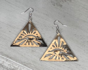 Large Golden Eyes of Horus and Ra Egyptian Pyramid Drop Dangle Earrings | Lightweight | Illuminati Freemasons Jewelry  (2.5 x 2 inches)