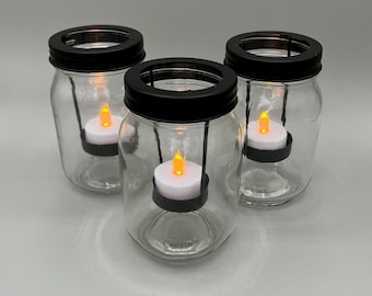 Black Mason Glass Jar Tealight Candle Holder with Optional Included Candles | Wedding Holiday Event Table Halloween Gothic Decor | Flameless