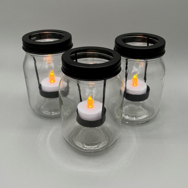 Black Mason Glass Jar Tealight Candle Holder with Optional Included Candles | Wedding Holiday Event Table Halloween Gothic Decor | Flameless