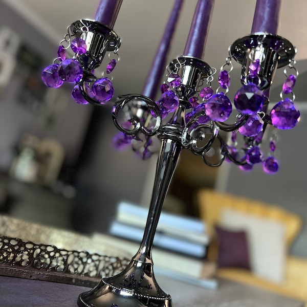 Candelabra with Crystals Candlesticks | 5-Arm & 3-Arm | Handcrafted | Dark Purple, Black, Gunmetal, Bronze, Brass | Chandelier Glass Prisms