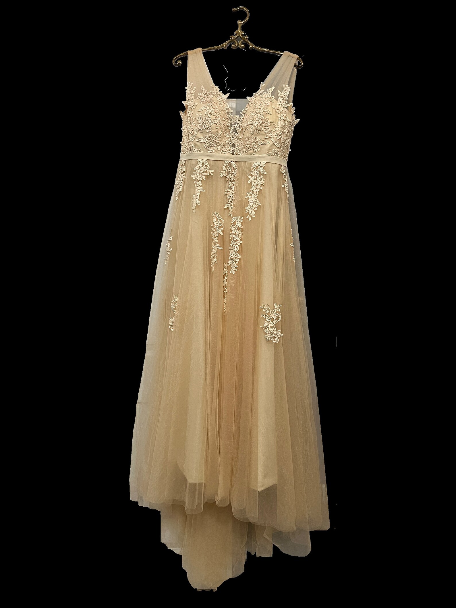 V-neck Empire Floor-length Gown with Lace Pleating Champagne