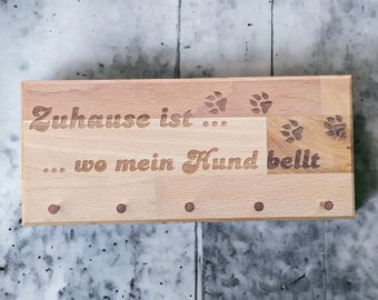 Schlüsselbrett Buche mit Kartenhalter - Motiv " Zuhause ist wo mein Hund bellt"