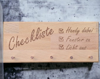 Schlüsselbrett Buche mit Kartenhalter - Motiv "Checkliste - Handy dabei, Licht aus, Fenster zu"