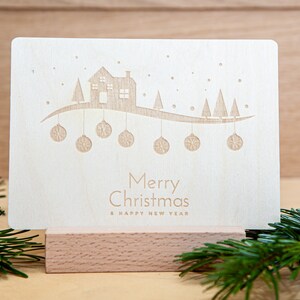 Holzpostkarte "Merry Christmas Häuser" - Weihnachtskarte