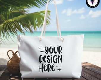 Weekender Bag Mockup PNG: Beach Tote Bag with Rope Handle