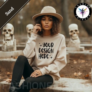 Sand Gildan18000 Mockup, Halloween Sand Sweatshirt Mockup, Sand Crewneck Mock, Printify Sand Gildan18000 Mockup