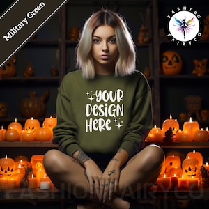 Wojskowy Zielony Gildan18000 Mockup, Wojskowy Zielony Bluza Makieta Halloween, Wojskowy Zielony Bluza Makieta, Wojskowy Zielony Bluza Makieta, Printify Wojskowy Zielony Gildan
