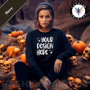 Halloween Navy Gildan18000 Mockup, Navy Sweatshirt Mockup, Navy Crewneck Mock, Printify Navy Gildan18000 Mock