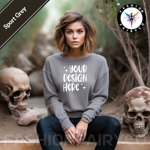 Sport Grey Gildan18000 Mockup, Halloween Sport Grey Sweatshirt Mockup, Sport Grey Crewneck Mock, Printify Sport Grey Gildan Mockup
