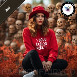 Czerwony Gildan18000 Mockup, Halloween Czerwony Sweatshirt Mockup, Czerwony Okrągły Dekolt Mockup, Printify Czerwony Gildan18000 Mockup