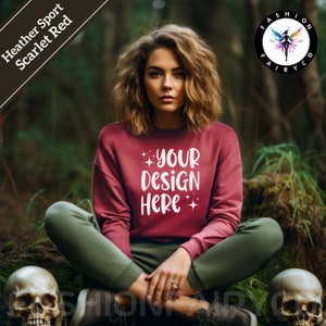 Halloween Heather Sport Szkarłatny Czerwony Gildan18000 Mockup, Heather Sport Szkarłatny Czerwony Bluza Mockup, Heather Sport Szkarłatny Czerwony Bluza Makieta