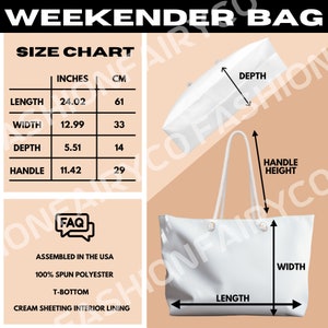 May include: White weekender bag with a T-bottom and cream sheeting interior lining. The bag has a handle height of 11.42 inches and a length of 24.02 inches. The bag is assembled in the USA and made of 100% spun polyester.