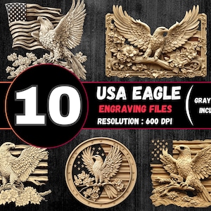 May include: Ten digital files for wood carving or laser cutting. The files feature a bald eagle with outstretched wings perched on a branch with American flag background. The files are 600 DPI and include grayscale versions.