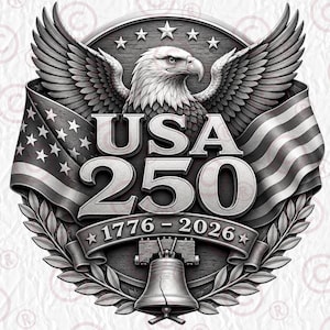 Op de afbeelding: Een grijswaarden illustratie met een Amerikaanse zeearend met uitgespreide vleugels, de Amerikaanse vlag en de tekst "USA 250 1776-2026". Het ontwerp bevat een bel en laurierbladeren, met de woorden "3D Illusion Engraving" links.
