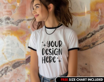 Ringer T-Shirt Mockup: White/Black Unisex Cotton (PNG)