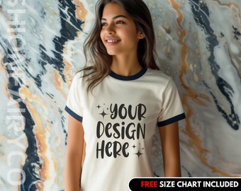 Ringer T-Shirt Mockup: Natural/Midnight Navy Cotton (PNG)