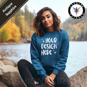 Antique Sapphire Gildan18000 Mockup, Jesienna Antyczna Bluza Sapphire Mockup, Antyczna Bluza Sapphire Crewneck Mock, Jesienna Antyczna Sapphire Gildan