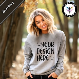 Sport Grey Gildan18000 Mockup, Jesienna sportowa szara bluza z okrągłym dekoltem, Jesienny sportowy szary sweter Gildan18000, Printify Canva Ready