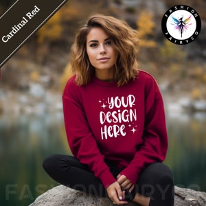 Cardinal Red Gildan18000 Mockup, Jesienny Cardinal Red Sweatshirt Mockup, Cardinal Red Crewneck Mock, Printify Cardinal Red Gildan Mockup