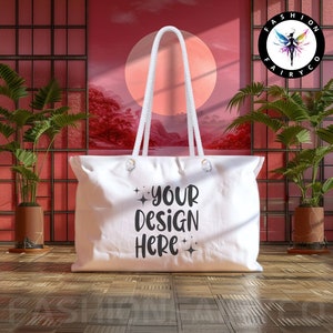 May include: White canvas tote bag with rope handles. The bag has the text "YOUR DESIGN HERE" printed on the front in black.