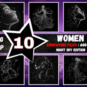 Lasergravurebundel vrouwen: NightSky-thema, vrouwensterrenbeeld Lightburn-bestand, laserburn-bestanden meisje, HD-resolutie in png en bmp