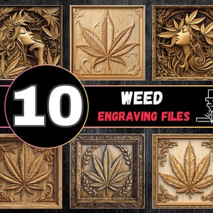 Pacote de gravação a laser de ilusão 3D de maconha, gravação PNG de maconha, pacote de gravação a laser de cannabis, queima de folhas de maconha, queima de ervas a laser