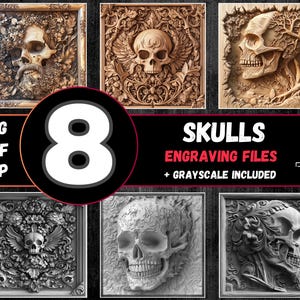 Schedel 3D-illusie lasergravurebundel, Skulls Lightburn-bestanden, png-bestand hoofdgravure, schedellaserburn-bestanden, Skullcap-gravure
