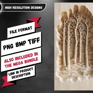K&ouml;nnte beinhalten: Eine Holzschnitzerei einer Waldszene mit mehreren B&auml;umen. Die Schnitzerei befindet sich auf einem h&ouml;lzernen Hintergrund. Das Dateiformat ist PNG, BMP und TIFF. Die Schnitzerei ist auch in einem Mega-Paket enthalten.