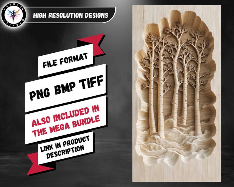 K&ouml;nnte beinhalten: Eine Holzschnitzerei einer Waldszene mit mehreren B&auml;umen. Die Schnitzerei befindet sich auf einem h&ouml;lzernen Hintergrund. Das Dateiformat ist PNG, BMP und TIFF. Die Schnitzerei ist auch in einem Mega-Paket enthalten.