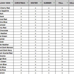 May include: A table showing the available colours for Gildan 18000 t-shirts for different seasons, including Christmas, Winter, Summer, Autumn, and Halloween. The table lists colours such as Antique Cherry Red, Antique Sapphire, Ash, Black, Cardinal Red, Carolina Blue, Charcoal, Cherry Red, Dark Chocolate, Dark Heather, Forest Green, Garnet, Gold, Graphite Heather, Heather Sport Dark Maroon, Heather Sport Dark Navy, Heather Sport Scarlet Red, Heliconia, Indigo Blue, Irish Green, Legion Blue, Light Blue, Light Pink, and Maroon.