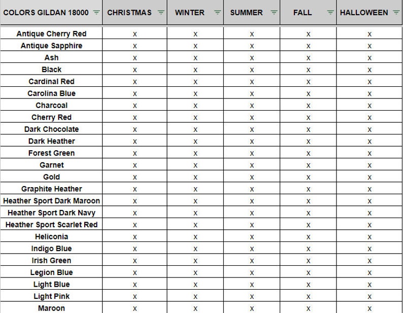 May include: A table showing the available colours for Gildan 18000 t-shirts for different seasons, including Christmas, Winter, Summer, Autumn, and Halloween. The table lists colours such as Antique Cherry Red, Antique Sapphire, Ash, Black, Cardinal Red, Carolina Blue, Charcoal, Cherry Red, Dark Chocolate, Dark Heather, Forest Green, Garnet, Gold, Graphite Heather, Heather Sport Dark Maroon, Heather Sport Dark Navy, Heather Sport Scarlet Red, Heliconia, Indigo Blue, Irish Green, Legion Blue, Light Blue, Light Pink, and Maroon.
