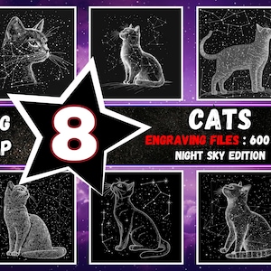 Pacchetto di incisione laser di gatti: tema cielo notturno, file di bruciatura della costellazione di stelle di gatto, file di bruciatura laser di gatto, risoluzione ultra elevata in PNG e BMP