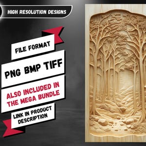 K&ouml;nnte beinhalten: Eine Holzschnitzerei einer Waldszene mit einem Pfad, der durch die B&auml;ume f&uuml;hrt. Die Schnitzerei ist in einem Holzrahmen gerahmt. Der Text "FILE FORMAT PNG BMP TIFF ALSO INCLUDED IN THE MEGA BUNDLE LINK IN PRODUCT DESCRIPTION" ist im Bild sichtbar.