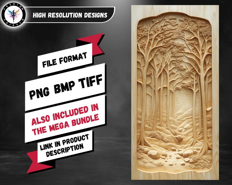 K&ouml;nnte beinhalten: Eine Holzschnitzerei einer Waldszene mit einem Pfad, der durch die B&auml;ume f&uuml;hrt. Die Schnitzerei ist in einem Holzrahmen gerahmt. Der Text "FILE FORMAT PNG BMP TIFF ALSO INCLUDED IN THE MEGA BUNDLE LINK IN PRODUCT DESCRIPTION" ist im Bild sichtbar.