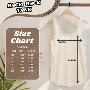 Może przedstawiać: Tabela rozmiarów dla tank topu z odkrytymi plecami z wymiarami w calach dla szerokości i długości. Rozmiary obejmują XS, S, M, L, XL i 2XL.