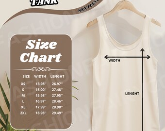 Könnte beinhalten: Größentabelle für ein Racerback-Tanktop mit Maßen in Zoll für Breite und Länge. Die Größen umfassen XS, S, M, L, XL und 2XL.