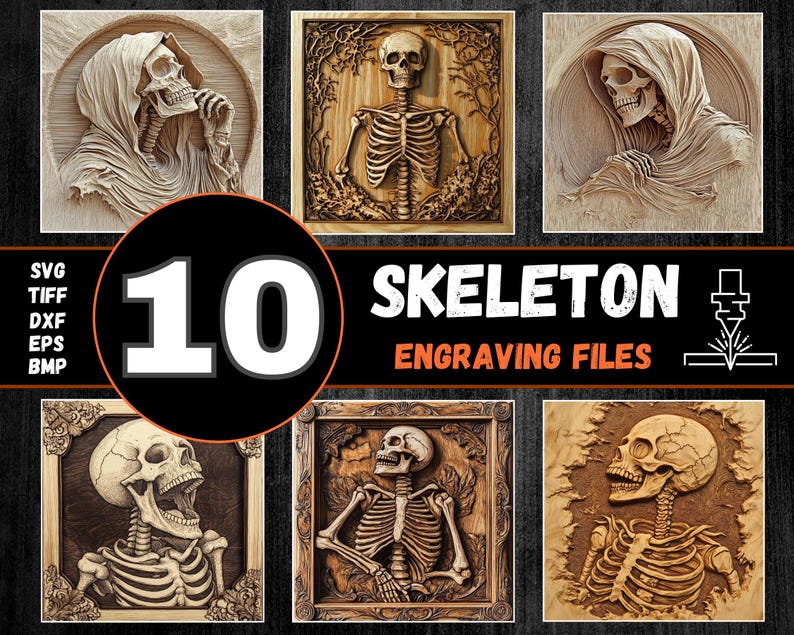 Skeleton Bitmap Skeleton 3D Illusion Laser Engraving PNG, Halloween Laserburn File ...