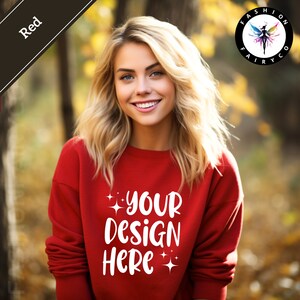 Czerwony Gildan18000 Mockup, Jesienna czerwona bluza z okrągłym dekoltem, Jesienny czerwony sweter Gildan18000, Printify Canva Ready