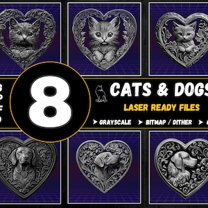 Puede incluir: Una colección de ocho archivos en escala de grises listos para láser con diseños de gatos y perros. Cada diseño está en un marco en forma de corazón con detalles florales. Incluye el texto "CATS & DOGS" e información de archivos.