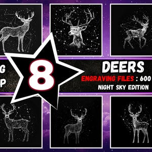 Lasergravurebundel herten: NightSky-thema, Deer Star Constellation Lightburn-bestand, Deer Laserburn-bestanden, Ultra HD-resolutie: png en bmp